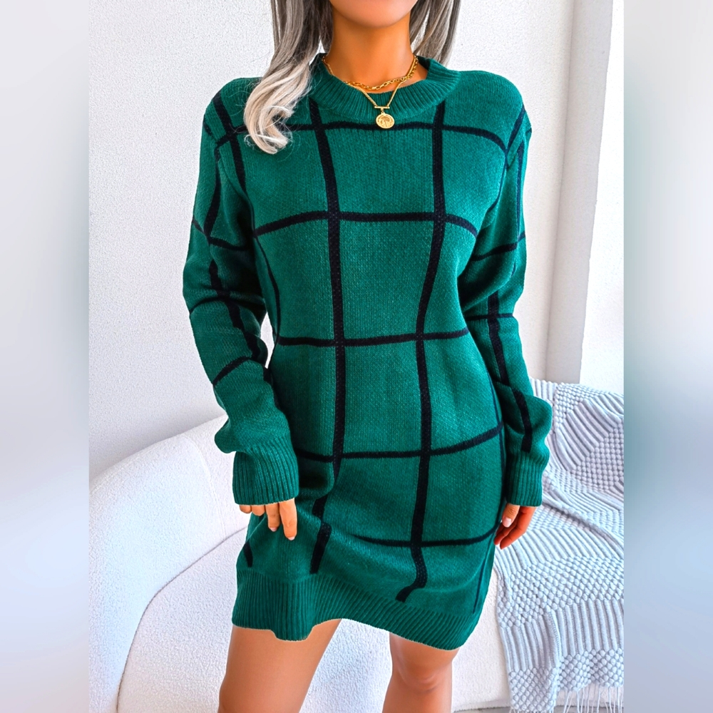 Women's Black Forest Plaid Round Neck Dropped Shoulder Sweater Dress